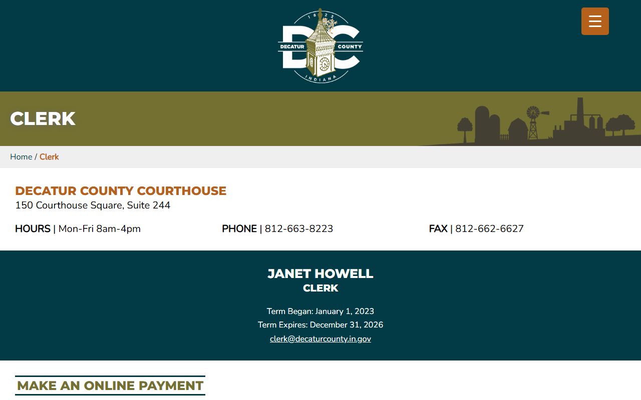 Decatur County Clerk contact page and court record office