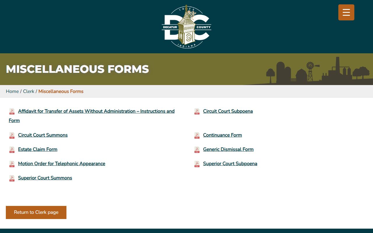 Decatur County divorce records Clerk miscellaneous forms page