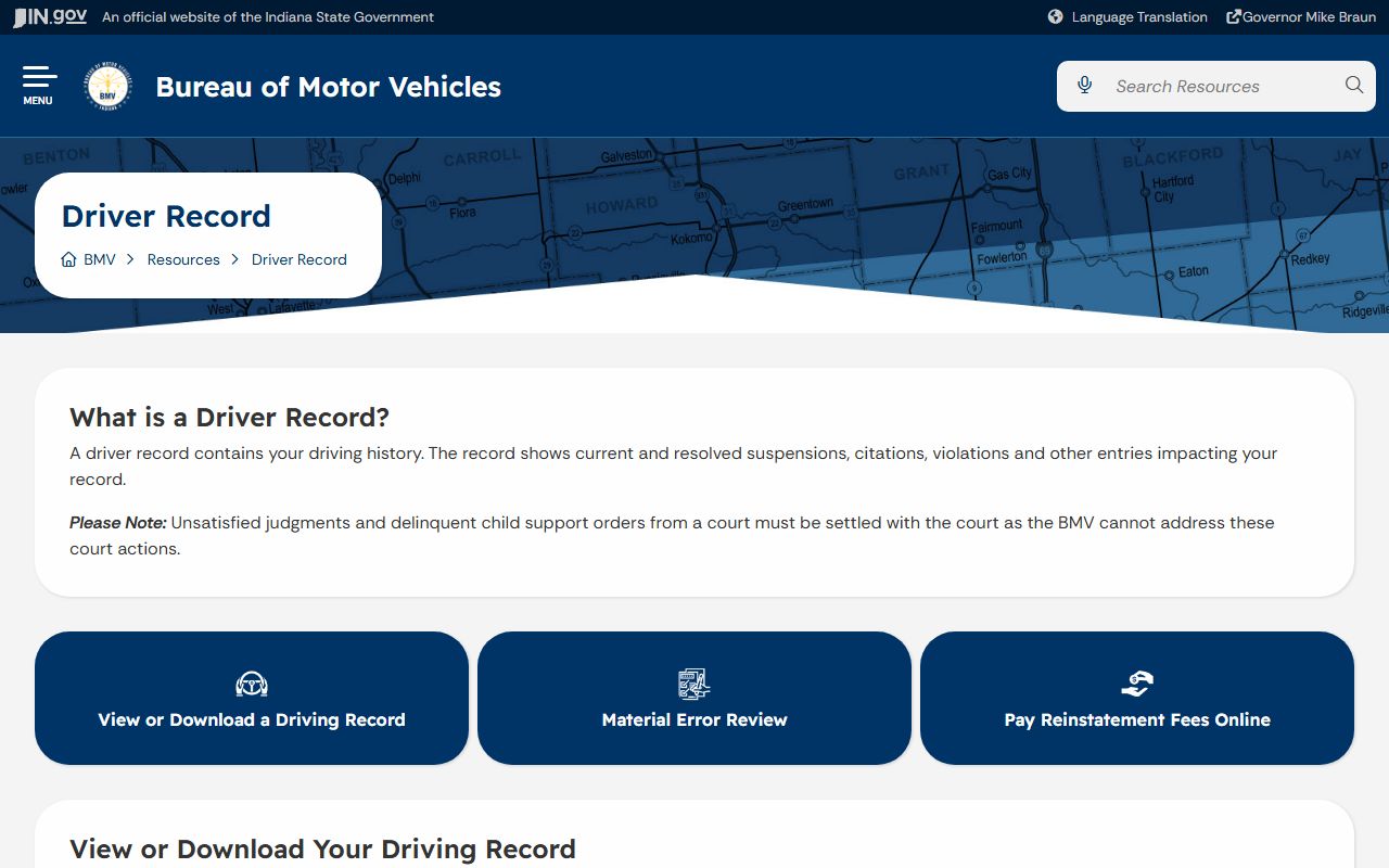 Decatur County traffic court records Indiana BMV driver record page